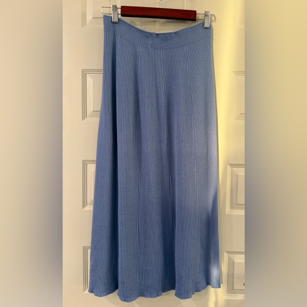 Uniqlo Blue Merino Wool Sweater Midi Skirt, Rib Knit Periwinkle A-Line